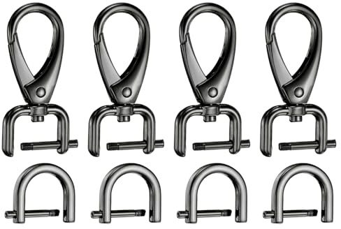 sourcing map 4pcs Detachable Snap Hook Swivel Clasp 1/16 (1.6mm) Zinc Alloy Lobster Claw Clasp with 4pcs D-Rings Screw in Shackle for Keychain Lanyard Purse Strap, Gun Black