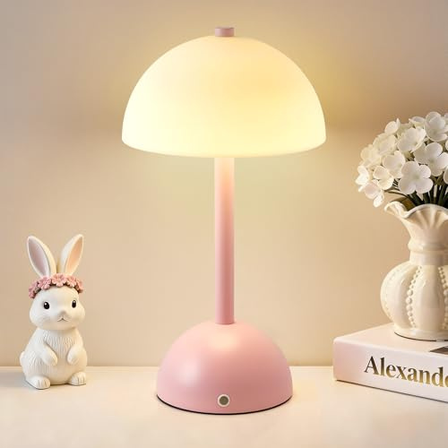 GyroVu LED Pilzlampe Tischlampe Rosa, 4000mAh USB Aufladbar Kabellose Lampe | Nachttischlampe mit Farbtemperaturregelung, Niedliche Tragbare Kleine Lampe für Wohnzimmer und Schlafzimmer