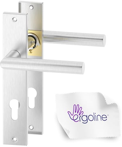 ERGO line BAUHAUS Edelstahl Türbeschlag; L-Form; Türgriff PZ - Profilzylinder Set Langschild Drückergarnitur, Türbeschlag, Türklinke, Türdrücker, Edelstahl Matt Gebürstet