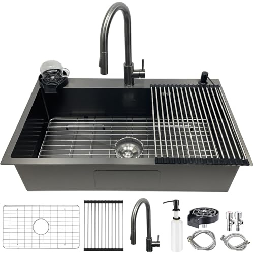 Fregadero Cocina 80x50 cm Acero Inoxidable Negro Antracita con Grifo,Fregadero 1 Seno Encastrable,Fregadero de Cocina con Escurridor,Escurreplatos,Enjuagador de Vasos,Dispensador de Jabón y Sifón