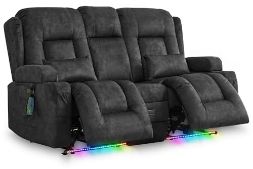 SnyFivv Elektrisch Relaxsessel mit Liegefunktion, Zweisitzer Fernsehsessel mit Konsole TV Sessel Heimkino mit Heizung & Vibrierende Massage/USB & Type C/Getränkehalter (Grau)