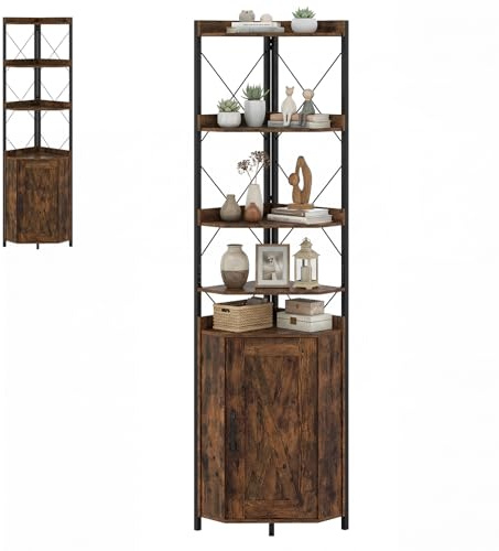 HOMASIS Scaffale ad Angolo, Mobiletto Angolare a 4 Ripiani e Armadietto, Portaoggetti di Legno, Mensola Industriale in Soggiorno, Studio, Cucina, Camera da Letto (Marrone, 38 x 180 cm)