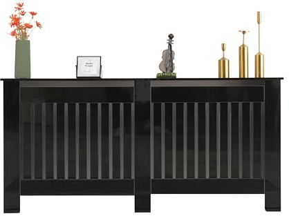 FUSIDE High Gloss Black Radiator Cover Cabinet, Modern Chipboard Heating Cover with Display Top,Vertical Slat Design for Living Room Bedroom Hallway (M(L111.5 x W19 x H85 cm))