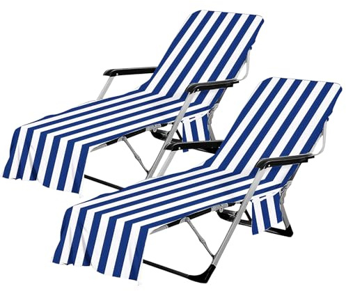 Lot de 2 Housses de Chaise de Plage en Microfibre, Serviettes de Transat avec Poches Latérales et Rabat de Maintien, 210 x 73 cm, pour Piscine, Jardin, Terrasse et Vacances, Rayées Bleu et Blanc