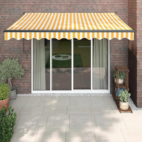 Tenda da sole elettrica con telecomando e manovella, giallo e bianco, 3,5 x 2,5 metri, per terrazza e balcone, braccio snodato retrattile in alluminio con protezione dai raggi UV