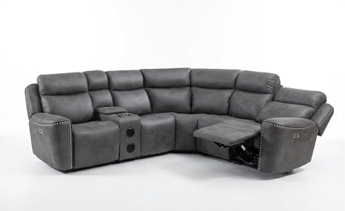 Tokyo Techtronic Leather Like Electric Recliner Corner Sofa With Cup Holders - Sectional Corner Sofa With Cooling Cup-Holders/Bluetooth Speakers/Wireless Charging/USB Ports (Grey)
