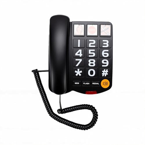 Annadue Fast Telefon för Seniorer Stor Sladdtelefon med Extra Hög 110dB Ringsignal och 3 Fotokort Förstärkt Högtalartelefon med Nödknapp för Hemmet (Svart)