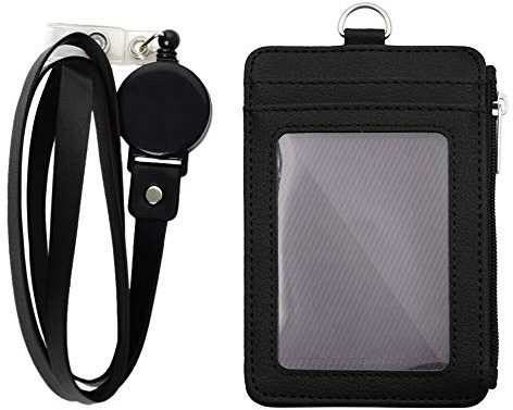 TOPTIE Ausweishülle PU Leder ID Kartenhalter mit Reißverschluss, Verschiebbarer Ausweishalter mit Nylon Schlüsselband, 5 Kartenfächern, 1 Seitentasche