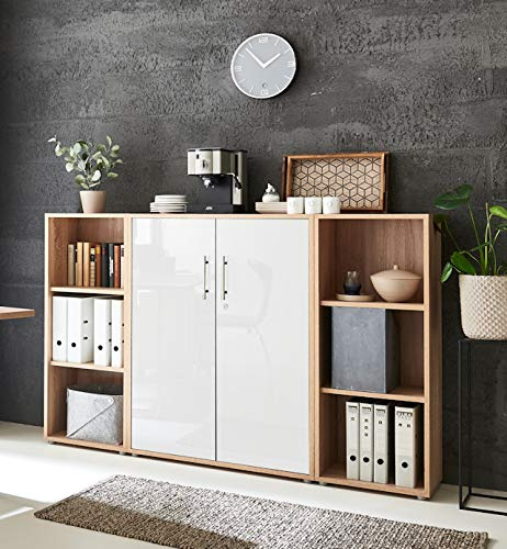 moebel-dich-auf Aktenschrank TABOR 2 abschließbar Highboard Büroschrank 2 Türen 6 offene Fächer Korpus Eiche Sonoma Front weiß Hochglanz