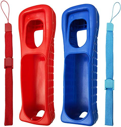 2 x Silicone Skin Case Cover with Wrist Strap for Wii Remote Controller (Red+Blue)