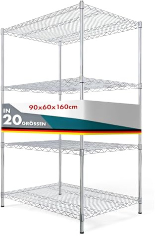 Floordirekt Scaffale a griglia dell'Himalaya, in Metallo, Portata Circa 150 kg per ripiano, Sistema di scaffalatura Multifunzionale, Cromato (90 x 60 x 160 cm, 4 Ripiani)