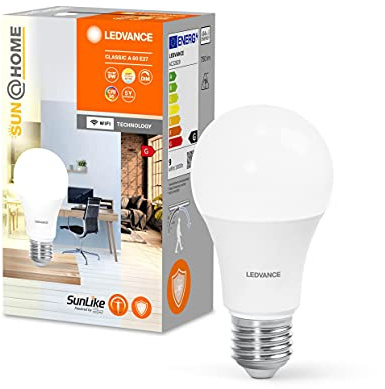 Ledvance SUN@HOME LED Lampe E27 mit 9W ersetzt 60 W, 750 Lm, Sonnenlicht bis Kaminfeuer (2200-5000K), CRI95, Smarte WIFI Lampe per Alexa, Google und App steuerbar, SMART+
