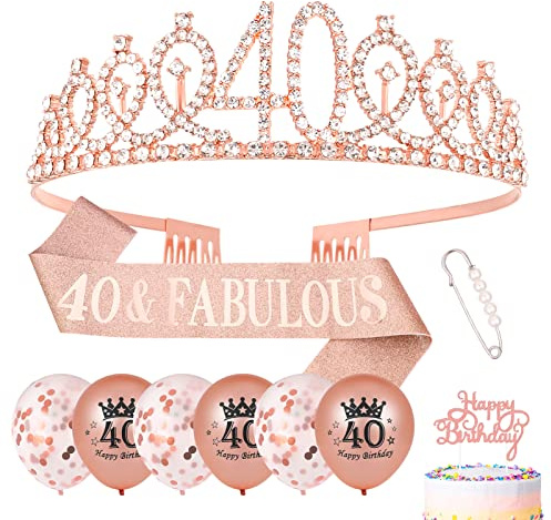 Heyu-Lotus 40th Birthday Sash and Tiara Rose Gold 40 & Fabulous Sash Rhinestone Crown Cake Topper Balloons for Women 40th Birthday Gifts Party Decorations Supplies