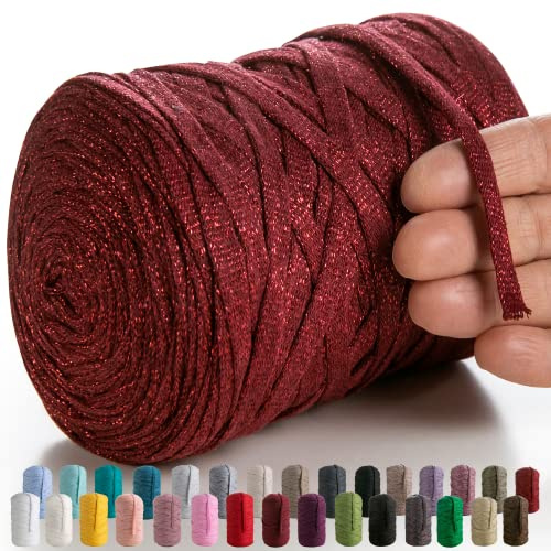 MeriWoolArt Textiligarn Makramé för virkning och stickning – gör-det-själv platt glitter-t-shirtgarn 10 mm 125 m – återvunnet bomullsgarn med Lurex
