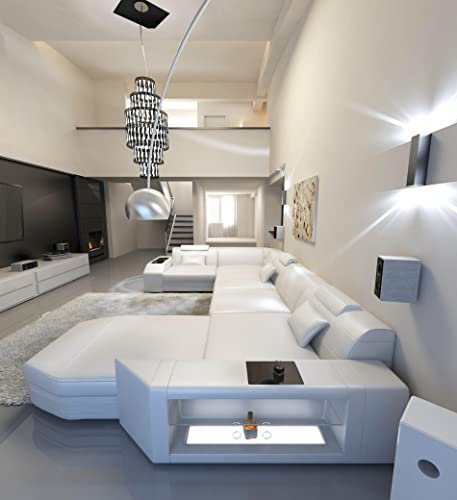 Wohnlandschaft Presto Ledersofa U Form Sofa - mit LED Beleuchtung, verstellbare Kopfstützen, Recamiere/Lederfarben wählbar/Ausrichtung wählbar (Ottomane rechts, White)