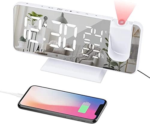 WTL Réveil Horloge Projecteur Radio-réveil LED Température? Affichage radio-réveil à projection USB Rotatif Port de charge 180 ° Projection Temps-Noir (Color : White)