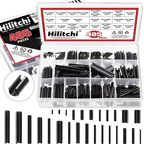 Hilitchi 405Pcs Black Roll Pin Assortment Set, M1.5 M2 M2.5 M3 M4 M5 M6 M8 M10 27 Sizes Spring Steel Pin Metal Hardware Assortment Kit, Slotted Spring Pins Spring Dowel Tension Roll Pin