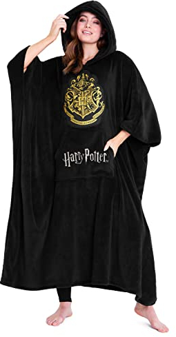 Harry Potter Sudadera Mujer, Bata Manta Polar Mujer, Sudadera Para Mujeres Oversize con Capucha de Forro Polar, Regalos Originales Para Mujer (Negro Largo)
