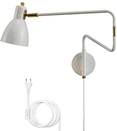 EOEO Innen Wandleuchte mit Schalter Vintage Verstellbare Schlafzimmer Nachttisch-Wandlampe, Wohnzimmer Wand-Leselampe, 1.8m Kabel mit Stecker, 360° Drehbare Metall Langer Arm Retro E27 Wandspot,Weiß