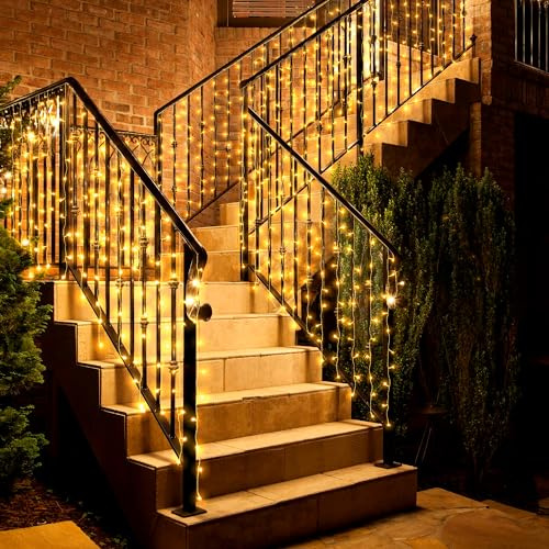 Eueasy Curtain Lights Outdoor, 300 LED Lights with 8 Lighting Modes. 15×3 FT Connectable, for Balconies, Fences, Stairs and Guardrails
