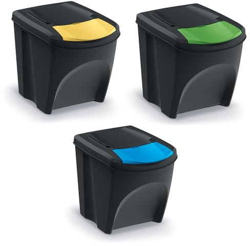 Keden Sortibox Mülltrennsystem 3x25L Set Mülltrennungsbehälter Recycling Recyclingbehälter Abfallsortierkorb Behälter Abfalleimer aus Kunststoff (Schwarz)