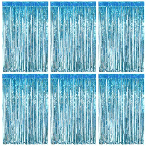 O-Kinee Lametta Vorhänge Hellblau,6 Stück Glitzer Vorhang Party Deko, 1m x 2m Metallische Glitzervorhang Geburtstag,Tinsel Folie, Folienfransen Vorhang für Weihnachtsbaum Festivals Party ​Bühnendekor