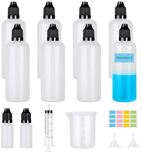 Furuising 8 Stück Liquid Flaschen 100ml,Leer Plastikflaschen Liquidflaschen | Tropfflasche Dropper Bottle mit 2 * 10ml Augentropfenflasche, Spritze Messbecher Trichter Zum Mischen von Flüssigkeiten