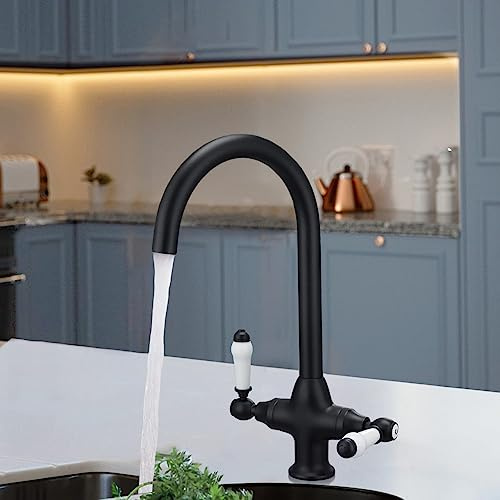 Nes Home Traditional Matte Black Twin Lever Kitchen Mixer Tap with Swivel Spout