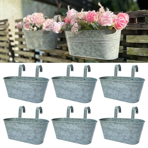 LaLaGreen Outdoor Rail Planter (11.2 Inch, 6 Pack) Silver Metal Iron Hanging Flower Pots Deck Railings Fence Buckets Modern Countryside Boho Style Wall Mount Window Box Plant Holder Hooks Porch Decor