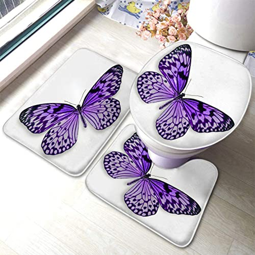 Set 3 Teilig Badvorleger Farbenfrohe, Schöne Lila Schmetterlingsfliegen Biologie Nahaufnahme Badgarnitur Badematten Langlebige Kontur Badteppich, Für Badezimmer, Wc-Sitz Bezug