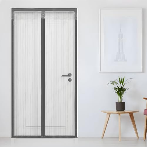 Fliegengitter Balkontür Magnet, 100 x 210 cm Insektenschutz Tür mit 32 Stärke Magnete und Vollrahmen-Selbstklebendes Klettband, Insektenschutz Balkontür Ohne Bohren, Automatisches Schließen - Schwarz