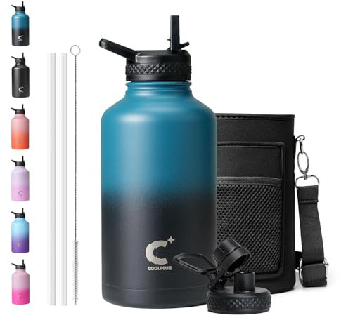 64 oz Water Bottle With Straw Spout Lid, Coolplus Insulated Half Gallon Water Jug Stainless Steel Double-Walled Vacuum Metal Large Flask With Carry Sleeve, Keep Cold 48 Hrs Hot 24hrs, Blue Black