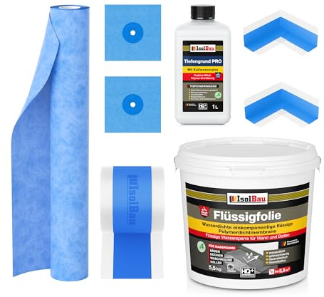 Isolbau Dicht-Set - Inkl. 1x Flüssigfolie (5,5 kg), 1x Tiefengrund PRO (1 L), 1x Dichtband (5 m), 1x Dichtbahn (1 m), 2x Innenecken & 2x Manschetten