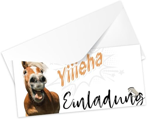 Kigebu 12 Pferde Einladungskarten mit Umschlag| lustige Einladung zum Kinder-Geburtstag für Jungen Mädchen und Erwachsene | passend zu jeder Party