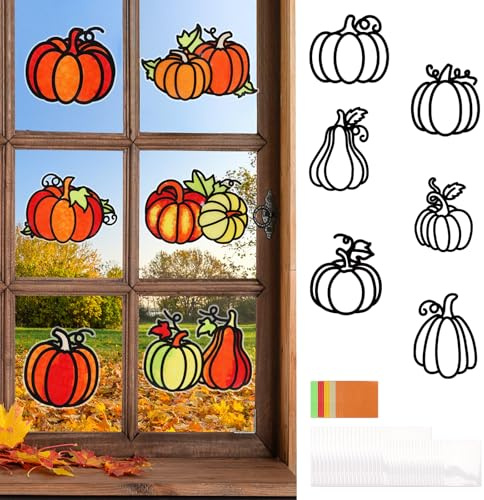 TGFIX 12 Stück Kürbis Basteln Kinder Herbst Bastelset Papier Herbstdeko DIY Kreativset Herbst Fensterbilder Bastelhandwerk Kürbis Fensterdeko Kunsthandwerk für Junge Mädchen Herbst Party Geschenk