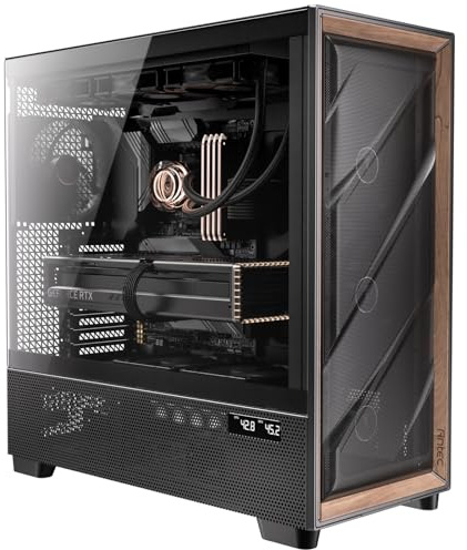 Antec Flux Pro, 6 x PWM Fans Included, High-Airflow Front Panel with Walnut Wood, iShift PSU 90° Mount, USB3.0 x 2, Type-C, 420mm Radiator Support, Temp. Display, Full-Tower E-ATX PC Case