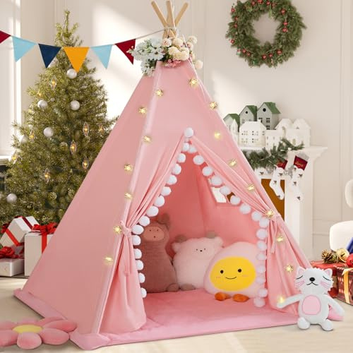 WIRHAO Tienda de campaña tipi para niños con alfombrilla acolchada, lona de algodón, tienda de campaña para pequeños con pompones y luces de estrellas, bolsa de transporte