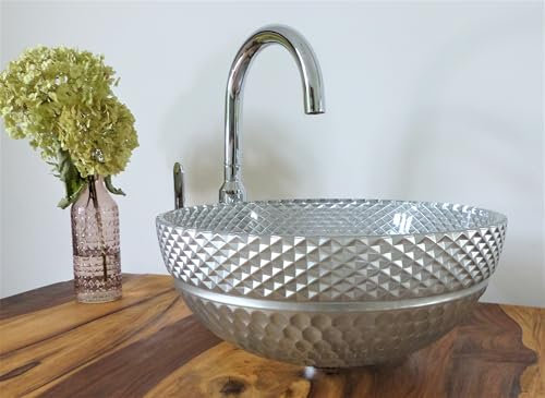 Nero Aufsatz Glas Waschschale Kristall rund Silber Waschbecken Waschtisch Design Glaswaschbecken Bad WC