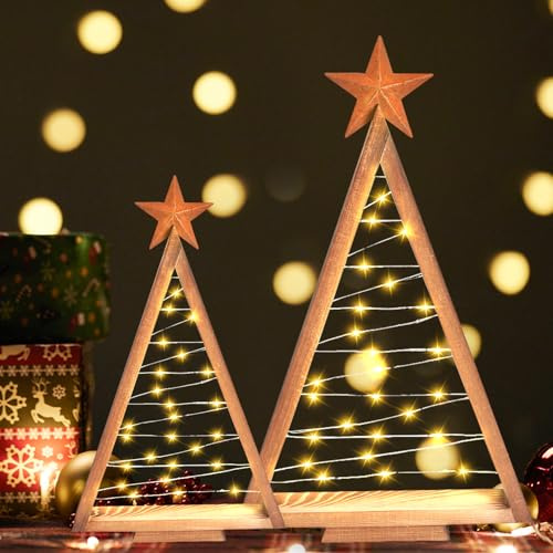 ACAREY Weihnachtsdeko Beleuchtung aus Holz 2er Weihnachtsbaum Weihnachten Deko mit Licht, LED Weihnachtsbaum Holz Weihnachtsbeleuchtung Led Weihnachtsdeko für Tischdeko Innen