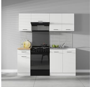 BLACK RED WHITE Küchenzeile Junona Line 180 cm mit Arbeitsplatte Hochglanz Kreidefarbe Beige Weiß Möbelplatte Modern Einbauküche Deko Design