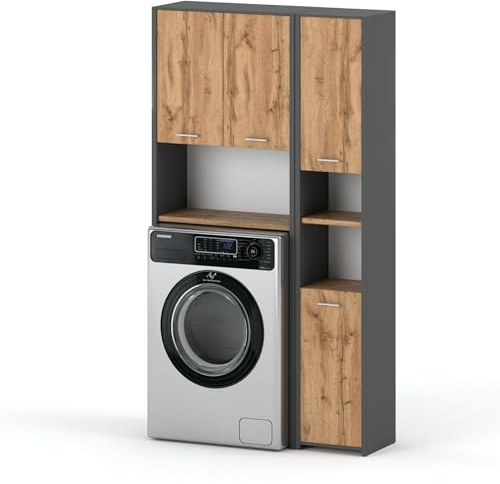 Waschmaschinenschrank Waschli Set 2 Badschrank | Waschmaschinenüberbau | Badregal | Badezimmerschrank | Hochschrank - B:94cm H:165cm T:30cm - Holzoptik Grau Matt / Eiche, 4 Türen, 8 Ablagen