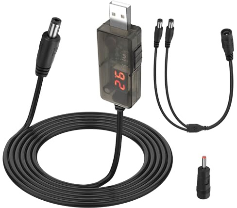 MEIRIYFA USB DC 5V to 12V Voltage Step Up Converter Cable, USB to DC 5.5x2.1mm 3.5x1.35mm USB Boost Converter Cable with LED Display for Router, Speakers, Camera, Desk lamp, Mini Fan (1M)