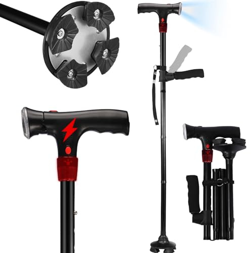 Walking Cane for Men & Women with Alarm, LED Light and Foldable Handle, Foldable, Adjustable, Lightweight, Free Self Standing Walking Cane for Seniors & Adults
