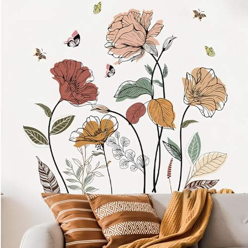 Decalcomanie murali di fiori di Boho, adesivi murali di fiori selvatici di erba floreale, decorazioni murali per la camera da letto delle ragazze, soggiorno, cucina