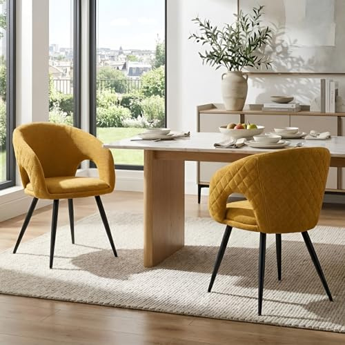Ya-Home Esszimmerstühle 2er Set, Küchenstühle mit Armlehne, Gelb | Gepolsterte Polsterstühle mit Metallbeinen, Sitzfäche aus Chenille, Wohnzimmerstuhl Armlehnstuhl für Wohnzimmer/Küche