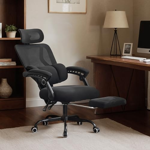 UEV Bürostuhl Ergonomisch mit Fußstütze, Homeoffice Stuhl, schwarz | Drehstuhl,Schreibtischstuhl,neigbar bis 135°,höhenverstellbar,bis 150 kg belastbar,atmungsaktiver Stoff,für Arbeitszimmer