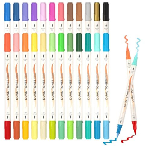 Shuttle Art 48 Couleurs Feutres Acryliques Bicolores, 24 Marqueurs Peinture Acrylique à Double Pointe pour Peindre sur Pierre, Céramique, Bois, Toile, Verre, Cartes, Bricolage