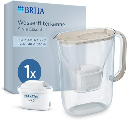 BRITA Filtro dell'acqua Style Essential Sand (2,4 l) con 1 X MAXTRA PRO Pure Performance – Caraffa filtrante adatta al frigorifero con LED Smart Light e coperchio pieghevole, filtra le impurità e