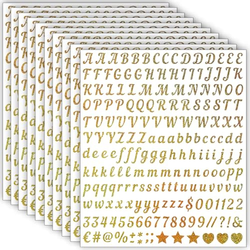 10 Blätter Glitzer Buchstaben Aufkleber Kleine, 2000 Stücke 13 mm Selbstklebende Buchstaben Zahlen Sticker, Klebebuchstaben Wetterfest Vinyl Alphabet für DIY Scrapbooking, Grußkartendekoration (Gold)
