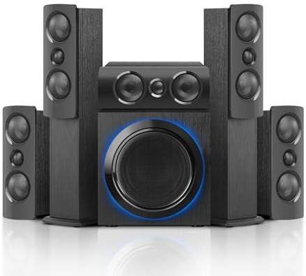 WMQ 5.1 Surround Sound Speaker System with 6.5 Subwoofer Stereo, Home Theater System with Five 1 Tweeters and Ten 2.5 Mids, Supports RCA/BT/Optical Inputs for TV PCs, Black Textured Wood Case